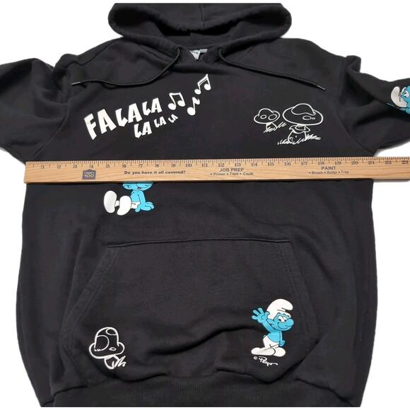 Smurfs Fleece Hoodie Womens M Black Pockets Mushroom Graphic Print Sweatshirt - Picture 15 of 16